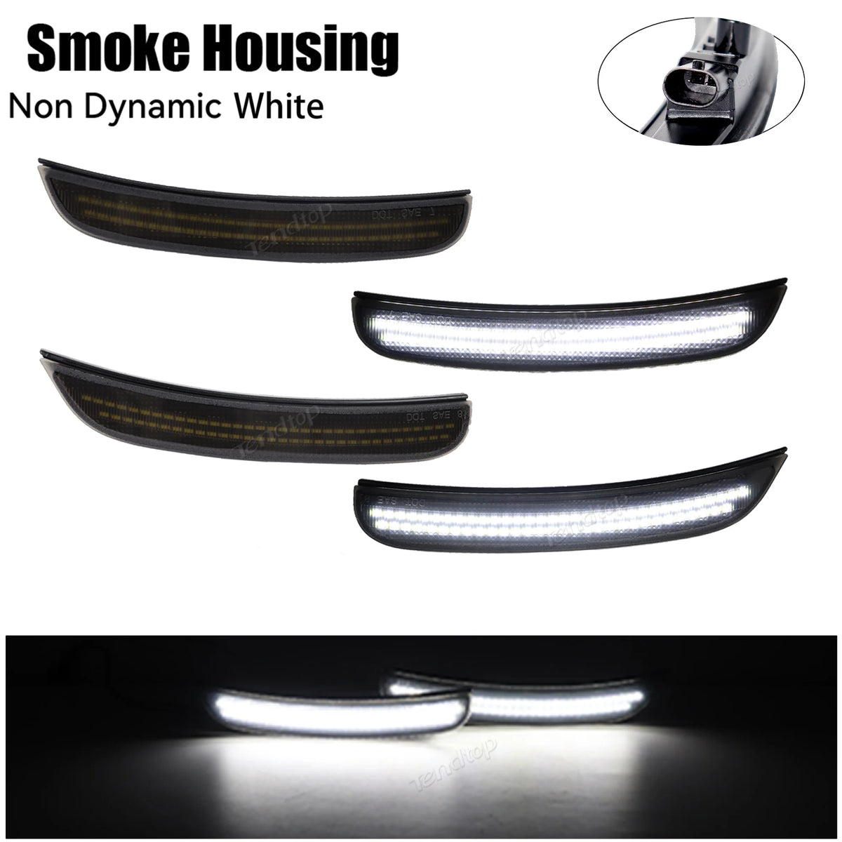 Three versions of smoke housing LED side marker lights in white, shown in various angles and a close-up view.