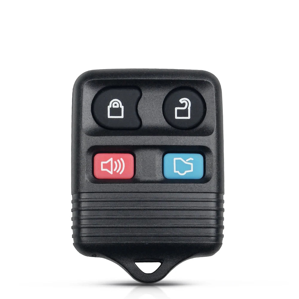A black universal remote car key transmitter with three buttons, including a lock icon and two other function buttons.