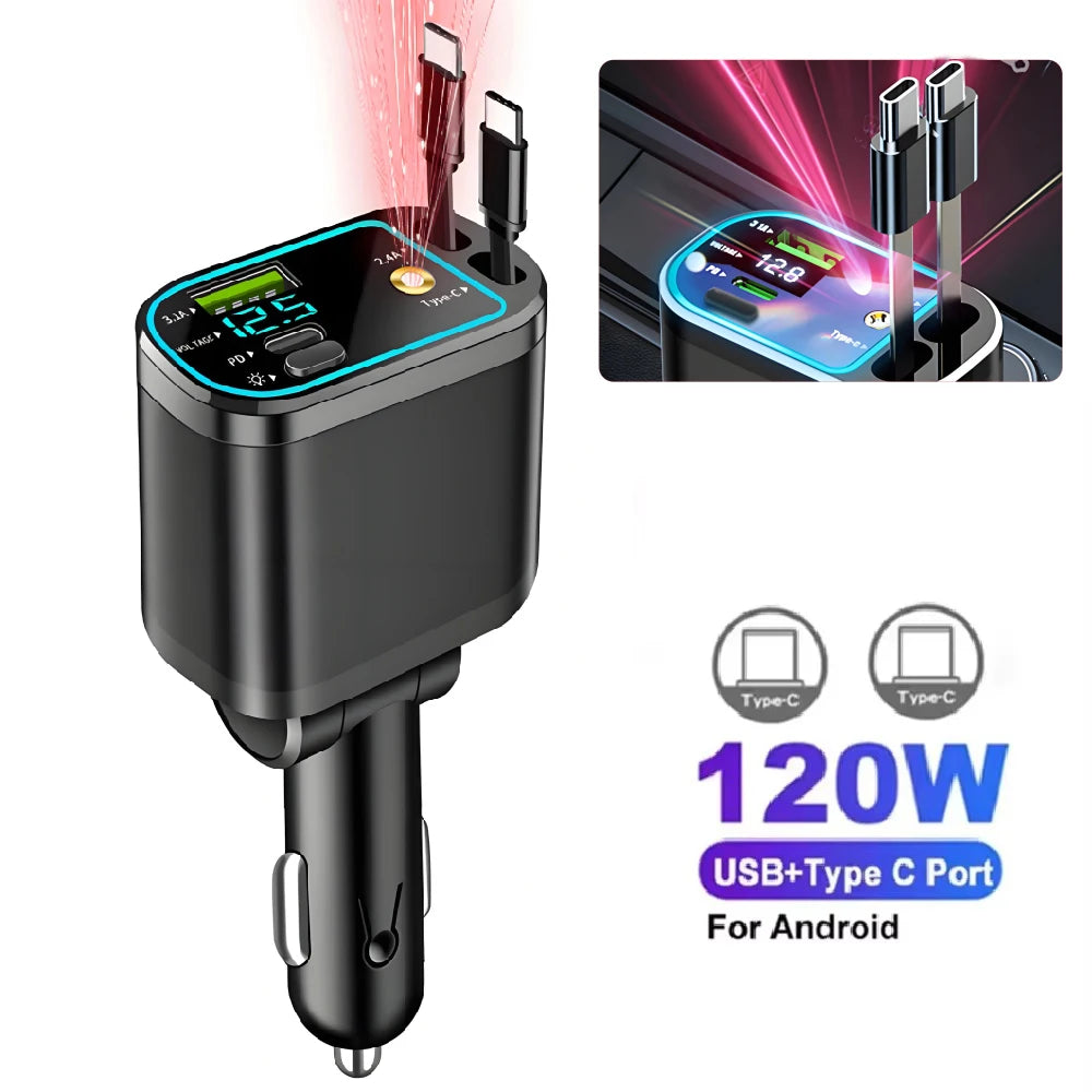 A black fast car charger with a retractable cable and display, showing 120W output for Android devices.