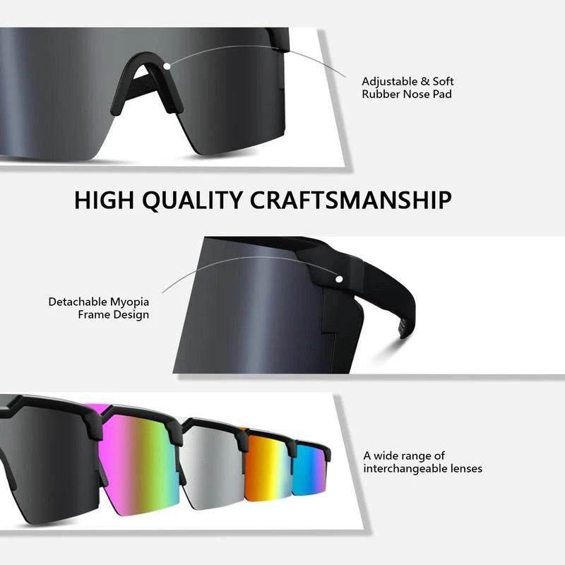 Gros plan de lunettes de sport noires pour vélo avec embouts de nez réglables et lentilles interchangeables.