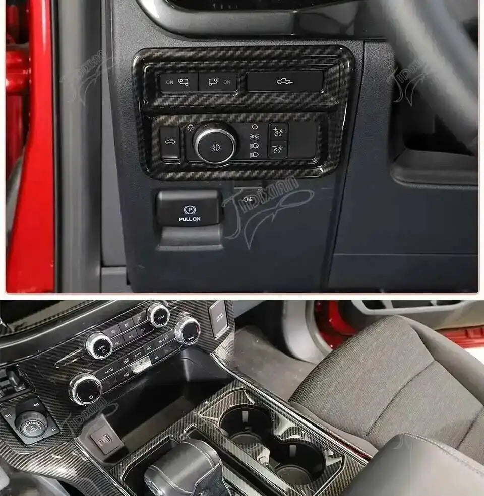 Close-up of a carbon fiber grain interior trim kit installed in a vehicle dashboard and door panel.