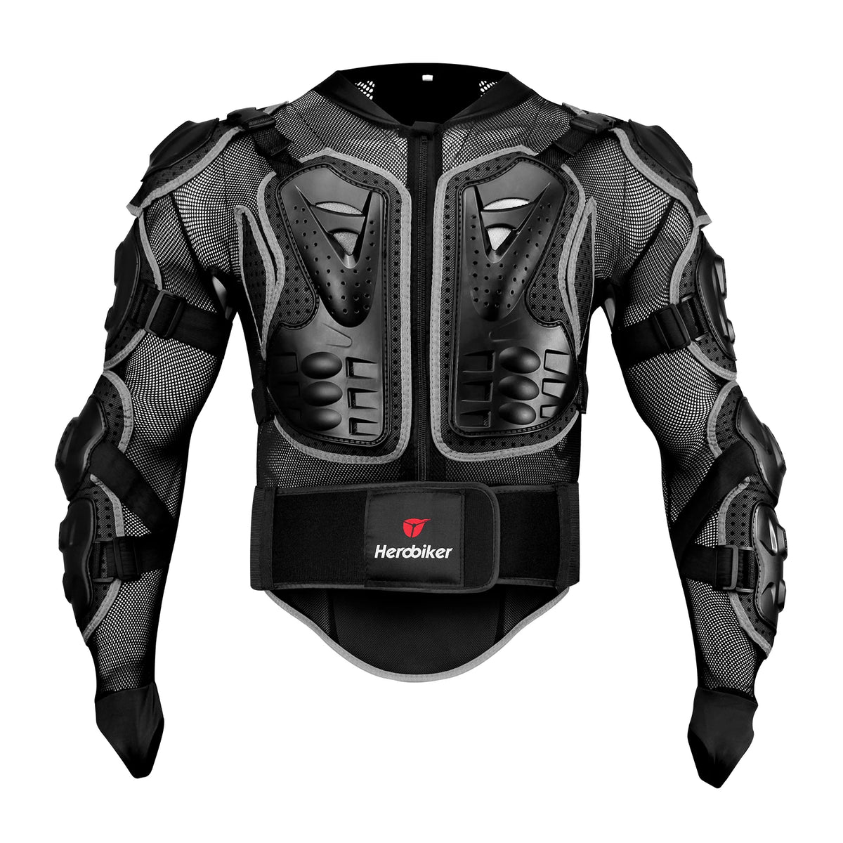 Black heavy-duty motocross riding jacket with armored shoulder and chest protection