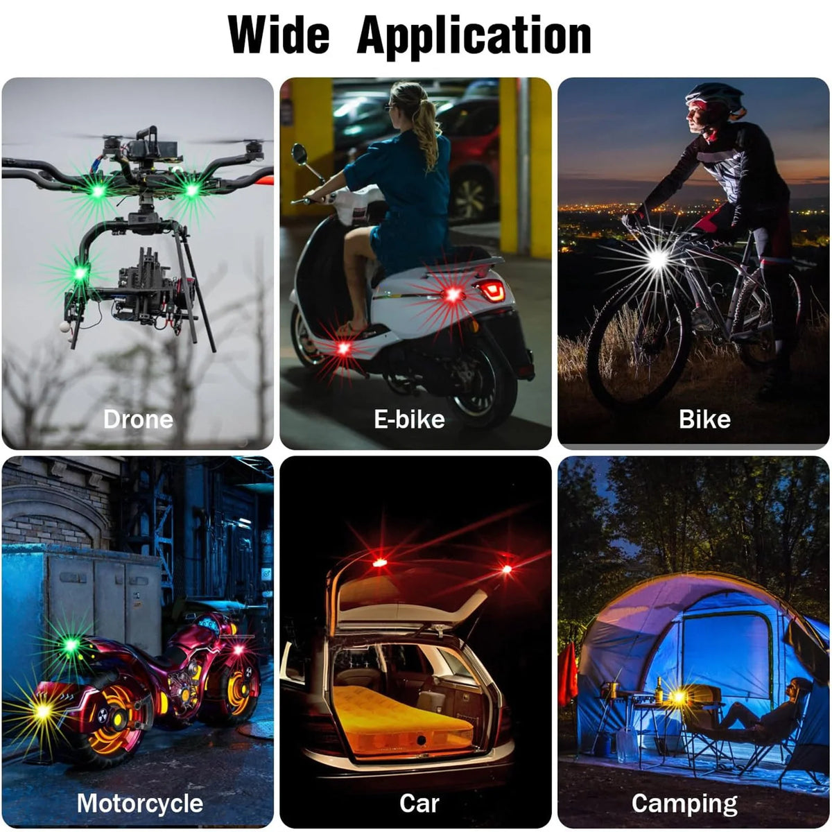 A collection of products demonstrating wide application including a drone, e-bike, bicycle, motorcycle, car, and camping setu