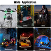 A collection of products demonstrating wide application including a drone, e-bike, bicycle, motorcycle, car, and camping setu