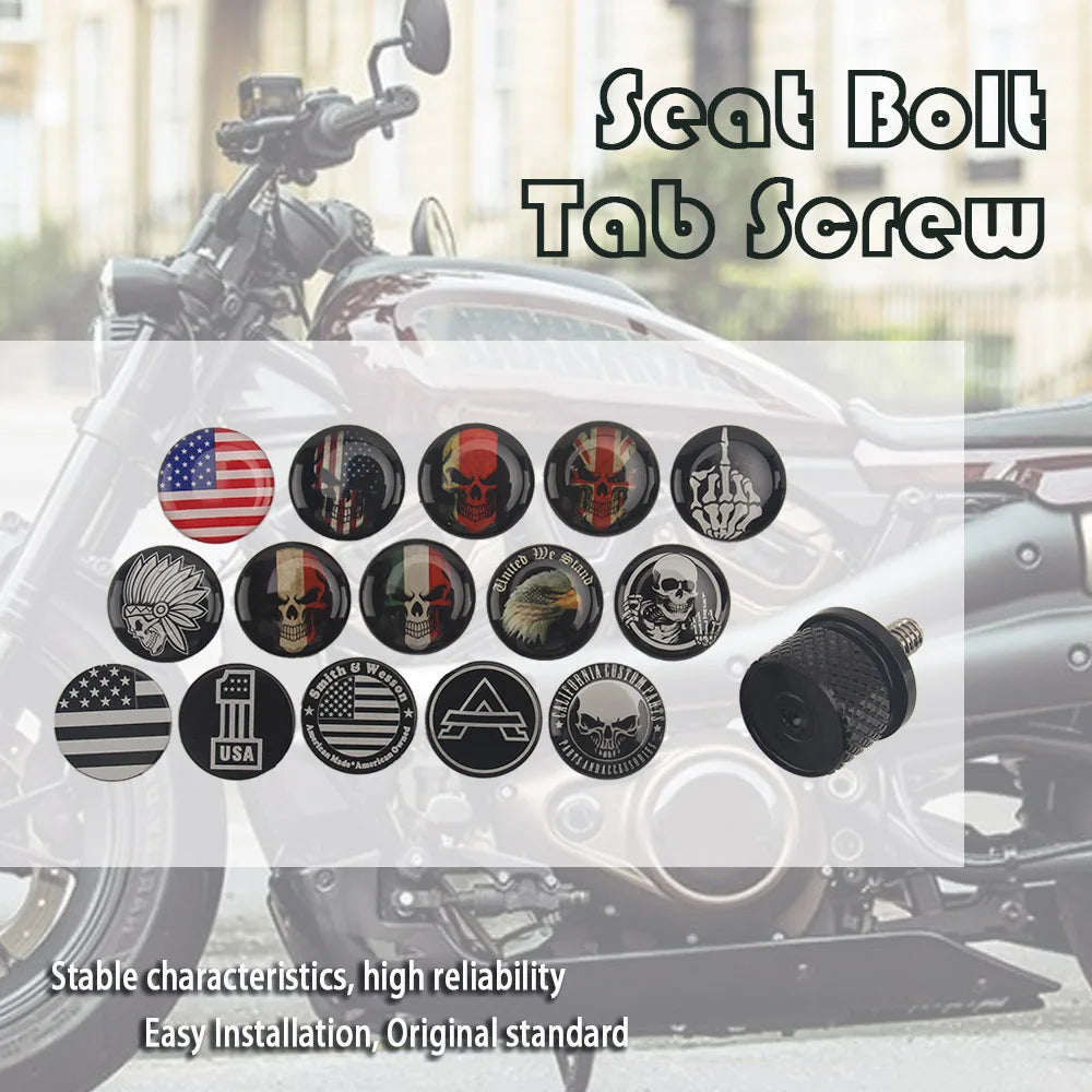 A close-up of various seat bolt tab screws and related hardware for motorcycle installation.
