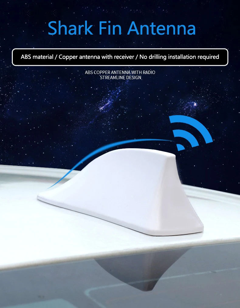 A white shark fin antenna with a receiver is shown against a dark, starry background.