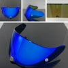 A close-up view of a bright blue motorcycle helmet visor lens.