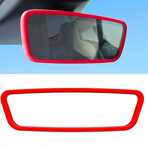 Red silicone edge protector for a vehicle's rearview mirror.