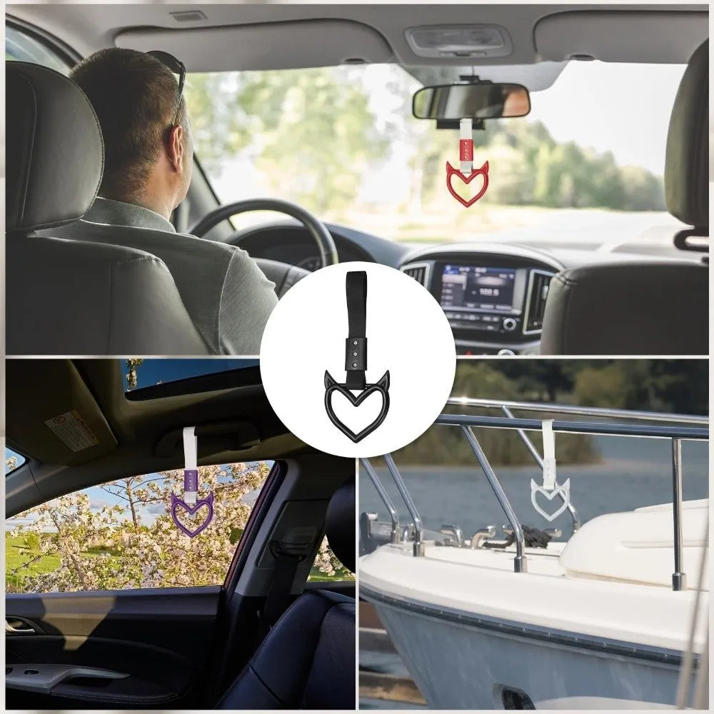 A holographic heart car handle accessory is shown in various contexts, including a car interior and on a boat railing.