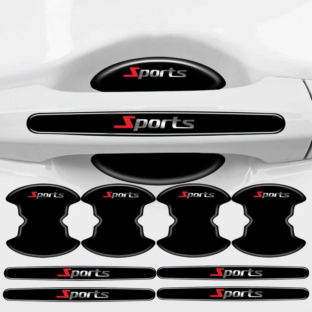 Various black and red Sports branded stickers for car door handle protection.