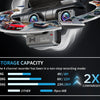 A close-up view of a dash cam with an integrated radar, showing various road scenes and storage capacity options.