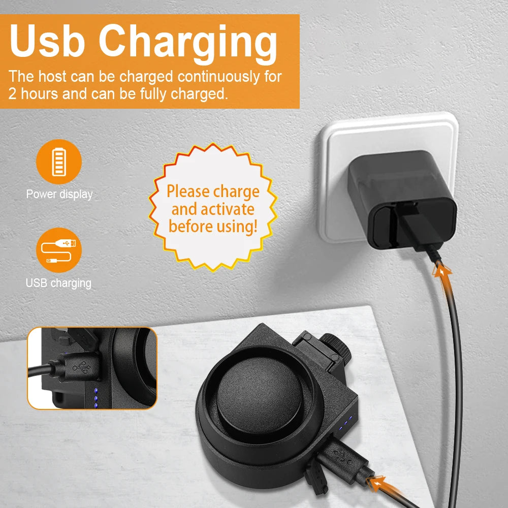 Dispositivo de alarma vibratoria inalámbrica negra enchufado a una toma de corriente, con instrucciones para carga USB.