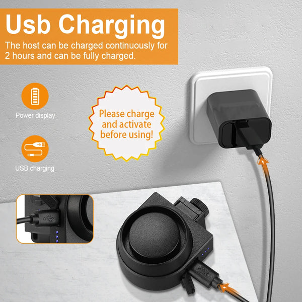 Schwarzes drahtloses Vibrationsalarmgerät, eingesteckt in eine Steckdose, mit Anweisungen für USB-Laden.