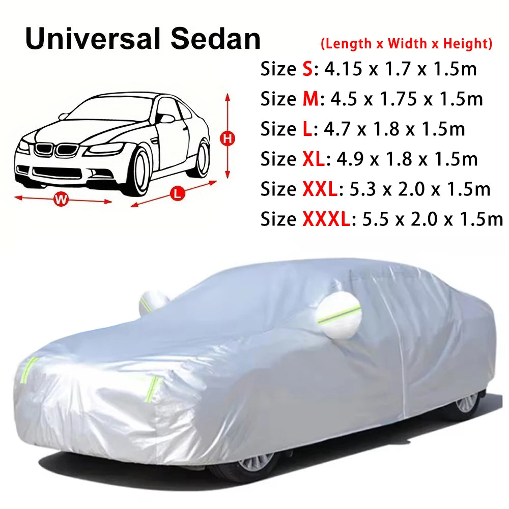 A white, waterproof car cover draped over a sedan, shown in profile.
