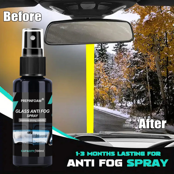Before and after comparison of a glass anti-fog spray bottle used on a car windshield.