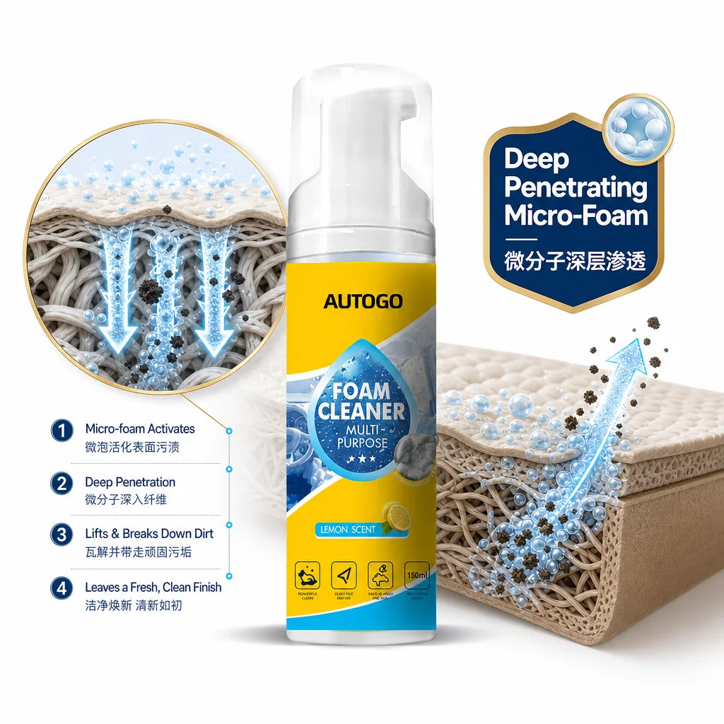 A bottle of AUTOGO multi-purpose foam cleaner with a pump dispenser next to a block of exfoliating sponge.