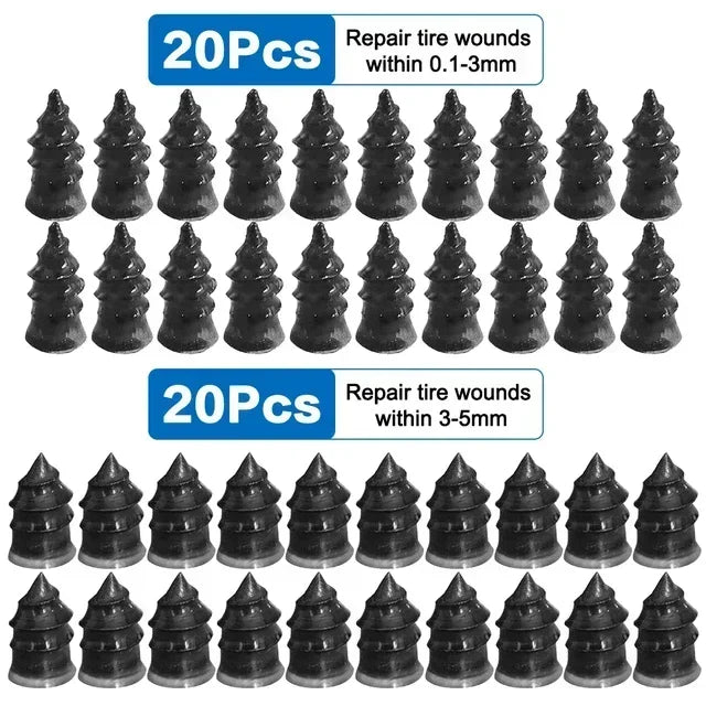 Set of rubber tire repair plugs for cars, motorcycles, and bicycles in two sizes: 0.1-3mm and 3-5mm.