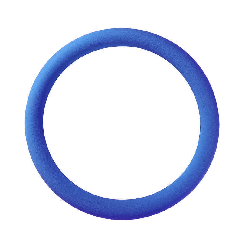 A close-up view of a smooth, round blue silicone steering wheel cover.