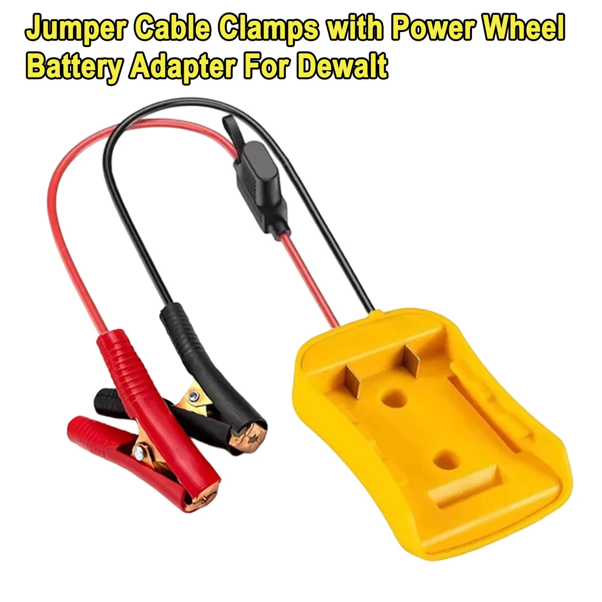 A yellow battery adapter clamp with red and black wires for a Dewalt power tool battery.
