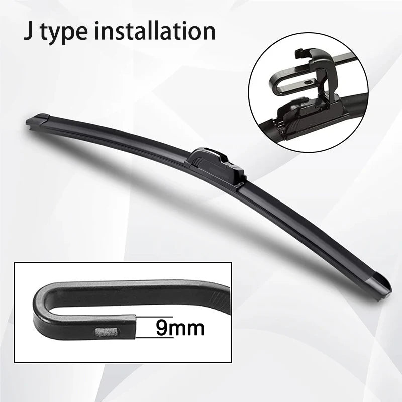 Close-up view of a black J type installation for universal car wiper blades, showing the blade size is 9mm.