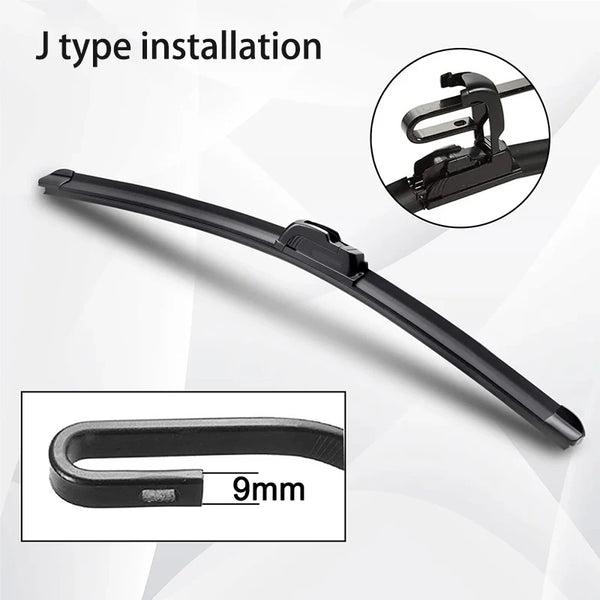 Close-up view of a black J type installation for universal car wiper blades, showing the blade size is 9mm.
