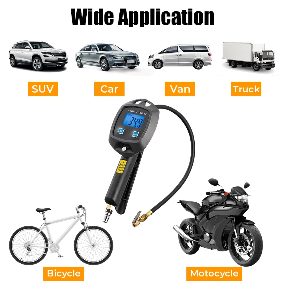 A digital tire pressure gauge is shown alongside various vehicles including a SUV, car, van, truck, bicycle, and motorcycle.