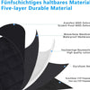 Cross-section diagram showing the five layers of a durable material including Oxford fabric, waterproof membrane, cotton, sty