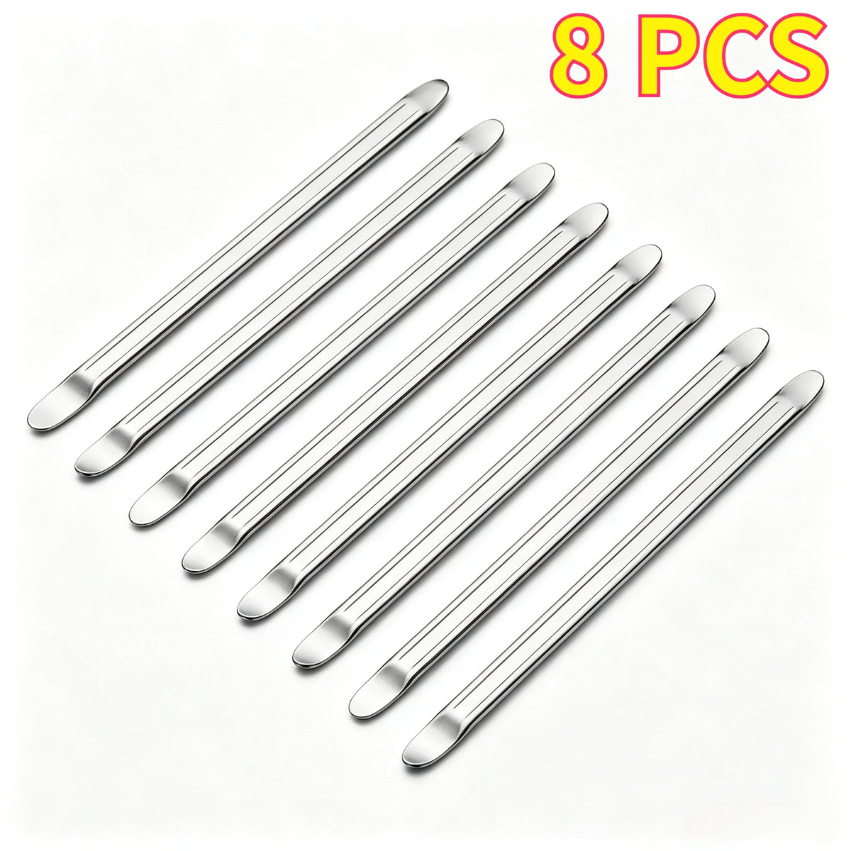 Eight silver heavy-duty tire wrenches and rim openers laid out on a white background.