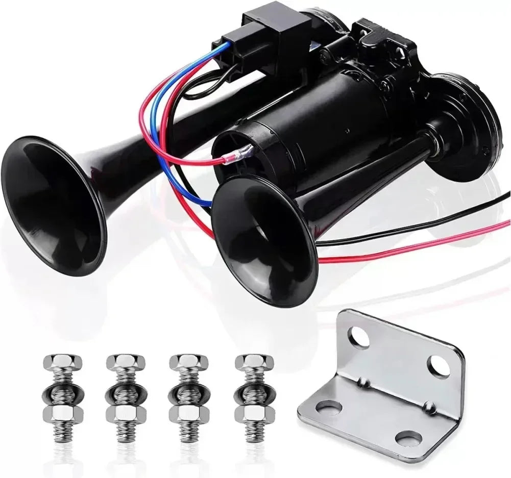 A black dual air horn kit with mounting brackets and wires shown on a white background.