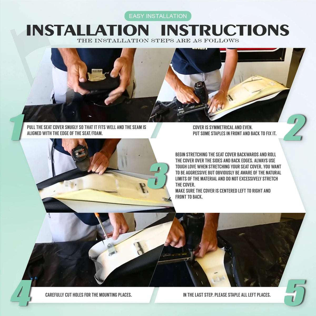 Installation instructions showing steps for fitting a ribbed gripper seat cover onto a vehicle seat.