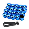 A set of blue car wheel nut protection covers and a black tool.