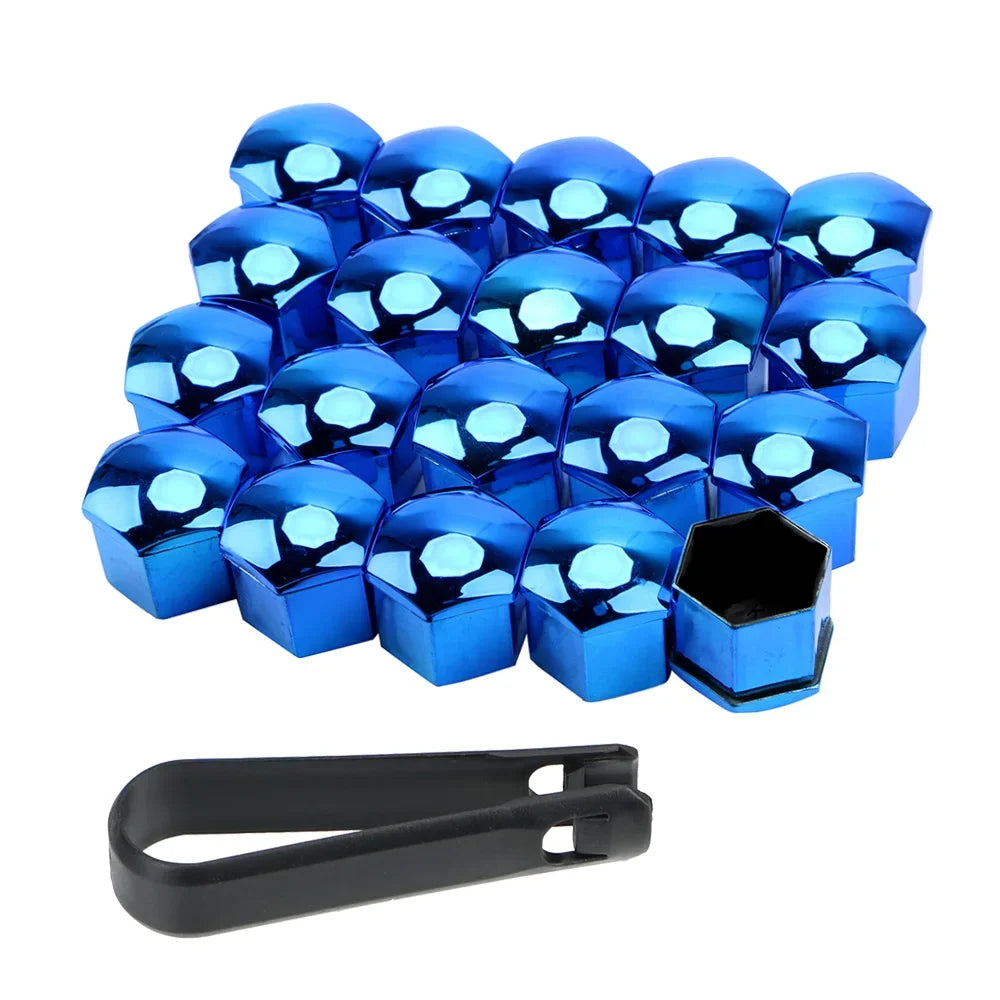 A set of blue car wheel nut protection covers and a black tool.