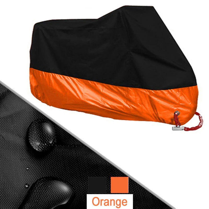 Orange and black all-season motorcycle cover shown in a diagonal view.