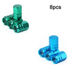 Eight durable aluminum valve caps in various shades of green and blue.