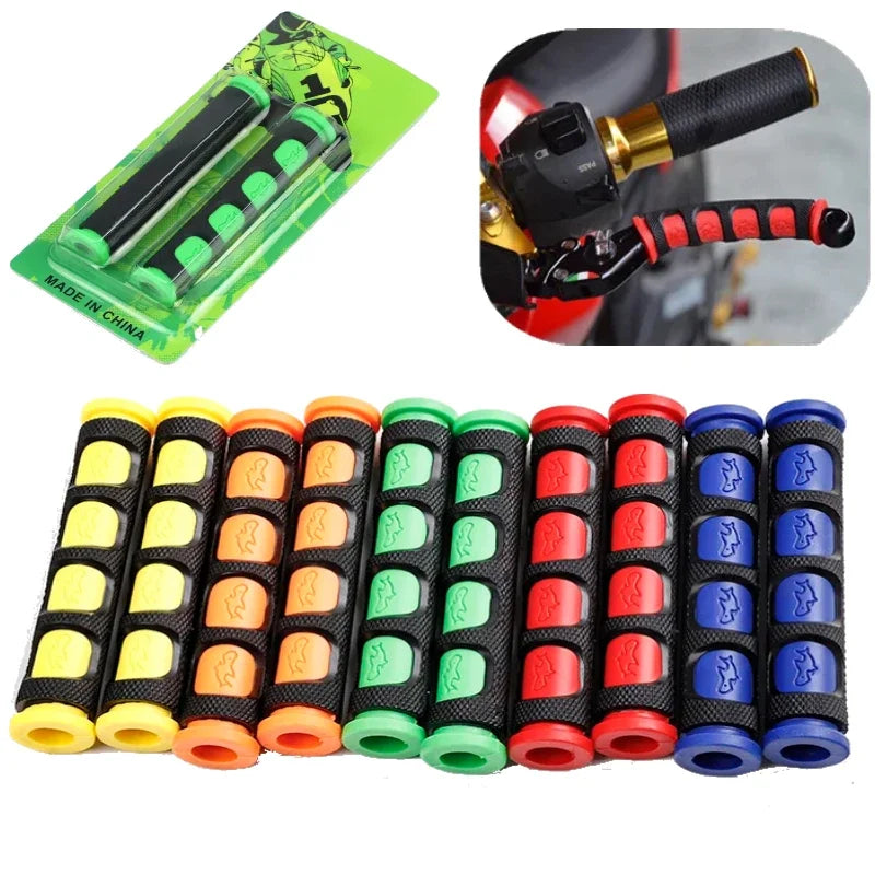 A set of black and colored brake lever covers for motorcycles, including a green packaging insert and various colored rubber 