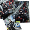 A collage showing a person wearing an OKEHEEL full face motorcycle helmet in various angles and contexts.