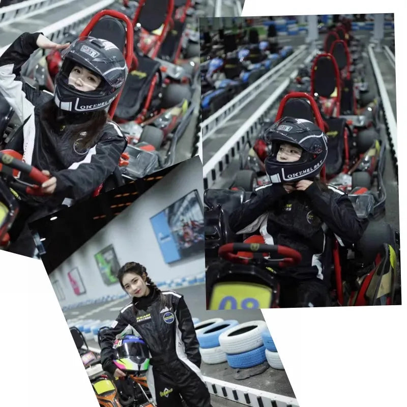 A collage showing a person wearing an OKEHEEL full face motorcycle helmet in various angles and contexts.