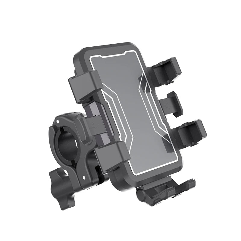 Schwarzer 360-Grad-drehender Fahrrad-Handyhalter mit klarem Halter für Smartphones.