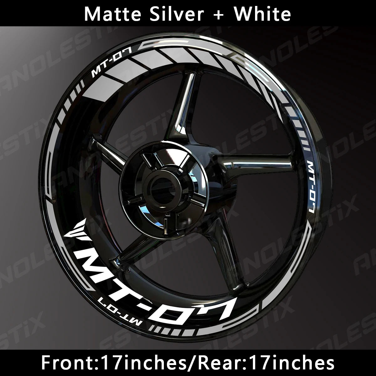 Matte silver and white reflective decals for an MT-07 motorcycle wheel.