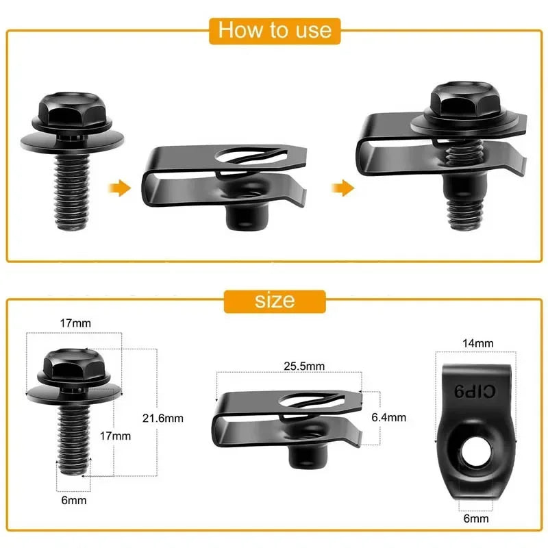 Ensemble de fixations et de clips pour carrosserie de voiture noire, de différentes tailles et instructions d'installation