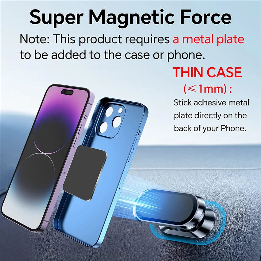A thin blue phone case with a magnetic plate attached, demonstrating a super magnetic force for a car holder.