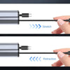 Demonstration of a retractable 4-in-1 car charger with dual USB ports showing stretch and retraction.