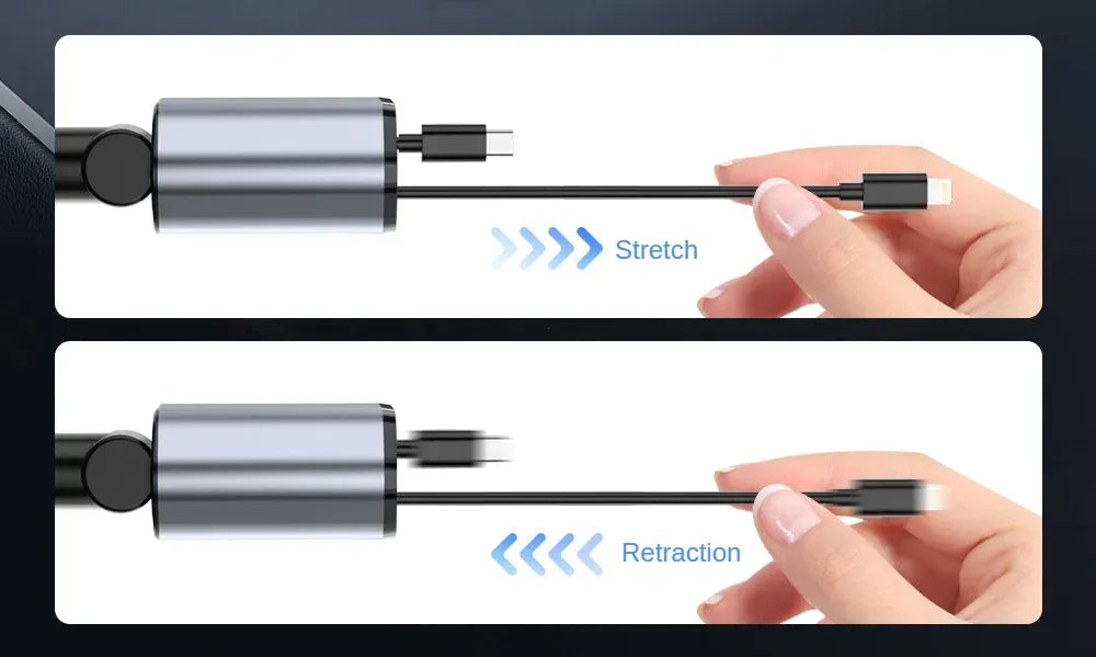 Demonstration of a retractable 4-in-1 car charger with dual USB ports showing stretch and retraction.
