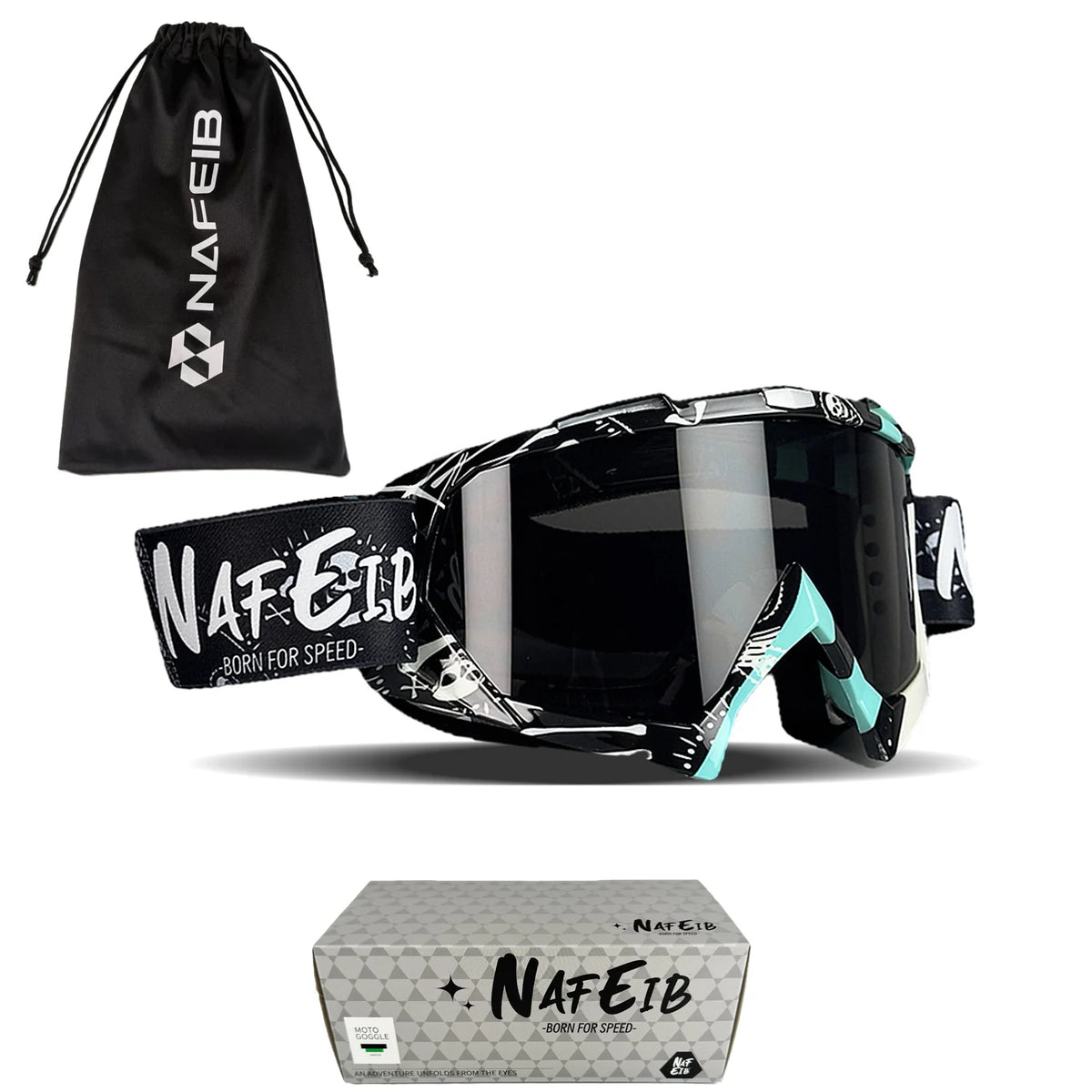 A black NikeID branded storage bag and a pair of multi-color motorcycle goggles are displayed.