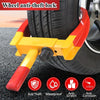 A yellow and red heavy duty adjustable wheel anti-theft lock securing a tire rim.