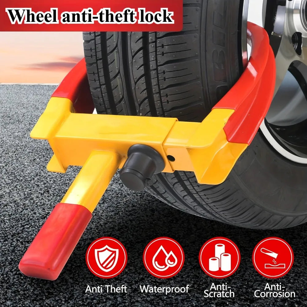 A yellow and red heavy duty adjustable wheel anti-theft lock securing a tire rim.
