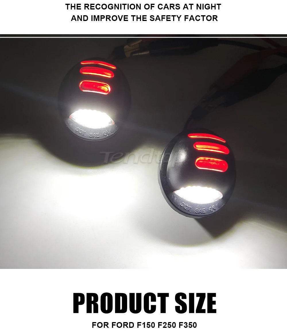 Two round LED license plate lights illuminate a surface, designed for Ford F150, F250, and F350.