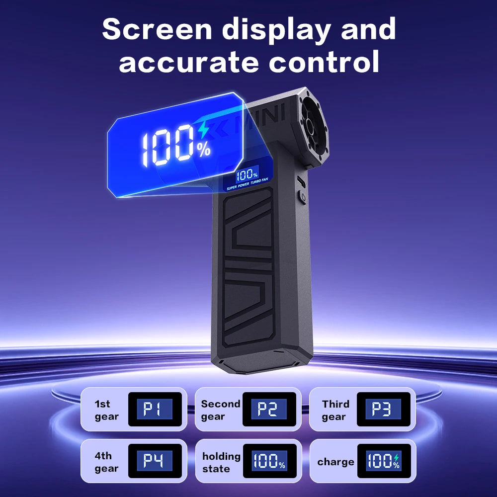 A black high-RPM brushless air blower device with a blue screen display showing 100% and various gear settings.