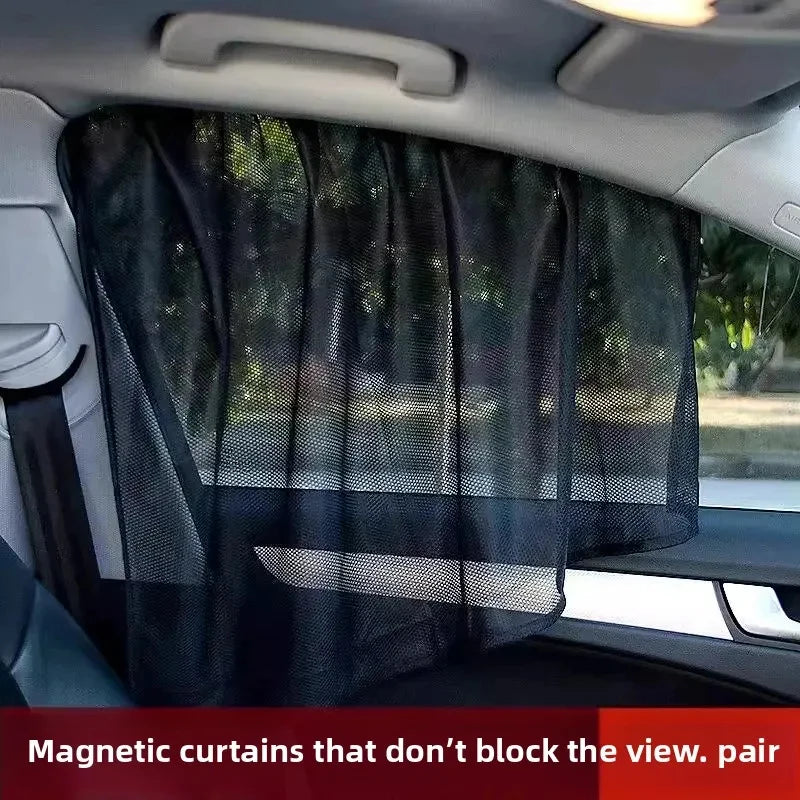 Black magnetic curtains used as a car window sunshade for UV protection