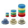 A set of colorful foam discs and sanding pads for a mini air orbital sander and polisher kit